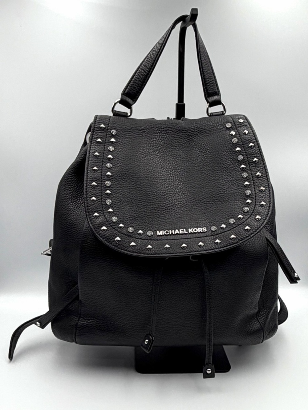 Michael Kors Riley Large Studded Pebbled Leather Backpack Black Silver Hardware
